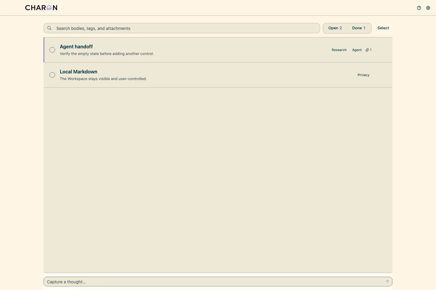 The real Charon desktop shelf in Solarized, showing local Notes with Tags and one managed Attachment.